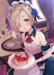  1girl apron bangs bare_shoulders blonde_hair blood blood_stain blue_flower blue_rose blueberry blush breasts cake chair corset curtains detached_collar detached_sleeves dutch_angle ear_piercing flower food frilled_apron frills fruit fukahire_sanba gloves hair_flower hair_ornament hair_over_one_eye happy_birthday holding holding_plate idolmaster idolmaster_cinderella_girls indoors looking_at_viewer maid maid_headdress open_mouth parted_bangs piercing plate red_eyes rose shirasaka_koume skull small_breasts smile solo strawberry table waist_apron white_gloves window wing_collar 