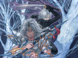  ambush arm_blade arm_guards arm_up armor aura battle bishounen black_gloves blue_armor blue_eyes cecil_harvey circlet covered_mouth dark_aura dissidia_final_fantasy dominic_ian_cabatit eye_trail final_fantasy final_fantasy_iv final_fantasy_vii final_fantasy_vii_advent_children gloves glowing glowing_eyes gold_armor gold_trim grey_eyes grey_hair grey_lips hands_up highres holding holding_polearm holding_sword holding_weapon in-franchise_crossover in-universe_location kadaj katana light_trail long_hair multicolored_armor nick-ian parted_lips pauldrons polearm short_hair shoulder_armor shoulder_spikes spear spikes surprised sword v-shaped_eyebrows weapon white_armor white_hair wide-eyed 