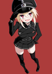  1girl absurdres belt black_gloves black_thighhighs blazer blonde_hair breasts epaulettes gloves hat highres jacket jiseki_rena looking_at_viewer medium_breasts medium_hair military_uniform nazi original peaked_cap pleated_skirt red_background red_eyes sidelocks skindentation skirt thigh-highs totenkopf zettai_ryouiki 