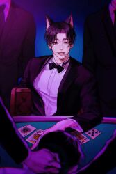  6+boys ace_(playing_card) animal_ears black_bow black_bowtie black_eyes black_hair black_jacket blurry blurry_background bow bowtie card casino_card_table cat_ears chinese_commentary cigarette commentary_request earrings faceless hand_on_table highres holding holding_another's_hair holding_cigarette jack_(playing_card) jacket jewelry king_(playing_card) light_particles looking_at_another looking_down male_focus multiple_boys on_chair open_clothes open_jacket original parted_lips playing_card shirt short_hair solo_focus table teeth thick_lips toscana20460423 white_shirt 