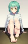  1girl aqua_hair arms_at_sides asisuki bangs bare_legs barefoot black_skirt blush breasts closed_mouth collared_shirt demi-chan_wa_kataritai dress_shirt feet floor indoors knees_up kusakabe_yuki_(demi-chan_wa_kataritai) leg_up long_hair long_sleeves looking_at_viewer medium_breasts miniskirt on_floor panties pantyshot pantyshot_(sitting) pleated_skirt shiny shiny_hair shirt short_hair sitting skirt soles solo toes underwear upskirt wall water wet white_panties white_shirt yellow_eyes 