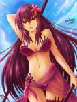  1girl bikini bracelet breasts cleavage fate/grand_order fate_(series) flower hair_flower hair_ornament haura_akitoshi jewelry large_breasts long_hair looking_at_viewer midriff navel open_mouth purple_hair red_eyes scathach_(fate/grand_order) scathach_(swimsuit_assassin)_(fate) solo swimsuit weapon 