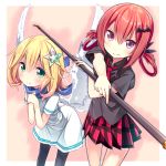  2girls 3: angel_wings bangs bat_hair_ornament black_legwear black_ribbon black_shirt blonde_hair blush checkered checkered_skirt chisaki_tapris_sugarbell closed_mouth dress eyebrows_visible_through_hair gabriel_dropout green_eyes hair_between_eyes hair_ornament hair_ribbon hair_rings hands_up holding holding_staff kurumizawa_satanichia_mcdowell looking_at_viewer multiple_girls necktie own_hands_together pantyhose pleated_skirt red_necktie red_skirt redhead ribbon sailor_dress school_uniform shirt short_hair short_sleeves skirt smile staff tears usume_shirou violet_eyes white_border wings 