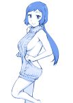1girl backless_outfit bare_shoulders blue blue_hair breasts dress gundam gundam_build_fighters iori_rinko large_breasts long_hair looking_at_viewer low_ponytail mature monochrome naked_sweater no_bra no_panties no_underwear open-back_dress ponytail shiny shiny_hair sideboob smile solo sweater sweater_dress turtleneck turtleneck_sweater ueyama_michirou virgin_killer_sweater
