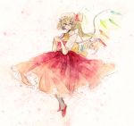  1girl blonde_hair bow dress flandre_scarlet full_body hat hat_bow red_eyes shiratsuyu side_ponytail solo touhou wings 