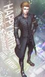  1boy aimio_nagi alternate_costume boots brown_hair character_name copyright_name final_fantasy final_fantasy_xv full_body glasses gloves hand_on_hip happy_birthday highres ignis_scientia smile solo 