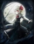  1girl blonde_hair frilled_skirt frills full_moon hair_ribbon highres moon night outstretched_arms parted_lips red_eyes ribbon rumia shirt short_hair skirt spark621 spread_arms touhou vest 