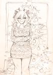  1girl abigail_(monorus) blush box christmas christmas_ornaments christmas_sweater christmas_tree cowboy_shot gift gift_box hair_ribbon looking_to_the_side monochrome monorus monster_girl_encyclopedia ribbon short_hair sketch smile solo sweater traditional_media twintails wight_(monster_girl_encyclopedia) 