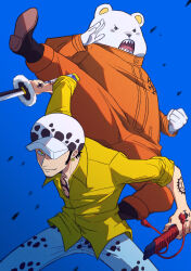  2boys absurdres arm_tattoo bear bepo blue_background closed_mouth commentary denim dust earrings facial_hair goatee hand_tattoo hat highres holding holding_sword holding_weapon jeans jewelry jumpsuit male_focus multiple_boys one_piece orange_jumpsuit pants sharp_teeth short_hair smile sword tattoo teeth trafalgar_law usarinko weapon 