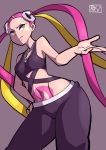  1girl bare_shoulders breasts closed_mouth covered_navel cropped_legs dark_skin grey_background hair_ornament half-closed_eyes hand_on_hip hips jewelry looking_to_the_side midriff multicolored_hair navel necklace outstretched_hand pants pink_hair plumeri_(pokemon) plumeria_(pokemon) pokemon pokemon_(game) pokemon_sm simple_background skull_hair_ornament solo stomach stomach_tattoo tank_top team_skull thighs twintails two-tone_hair watson yellow_eyes 