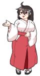  1girl :d ahoge black_hair blush breasts fat full_body hair_ornament hairclip hakama_skirt hand_on_own_stomach huge_breasts japanese_clothes kimono looking_at_viewer nazotyu open_mouth original red_eyes sandals short_hair smile solo standing tabi wide_sleeves 