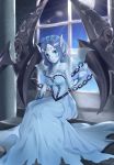  1girl bare_shoulders blue_dress blue_eyes blue_hair blue_skin breasts bridal_veil circlet cleavage covered_navel dress earrings fang flower full_moon ghost_bride_morgana hair_flower hair_ornament highres jewelry large_breasts league_of_legends moon morgana morgana_(league_of_legends) night night_sky pointy_ears shiny shiny_skin sitting sky solo strapless strapless_dress ubi_(ekdus6080) veil window 