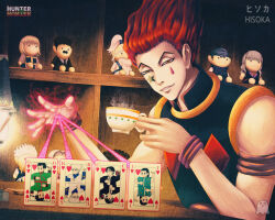  1boy card character_doll character_name critter100 cup facial_mark hisoka_morow holding holding_cup hunter_x_hunter looking_at_viewer male_focus playing_card red_hair sleeveless solo star_(symbol) star_facial_mark teardrop_facial_mark watermark 