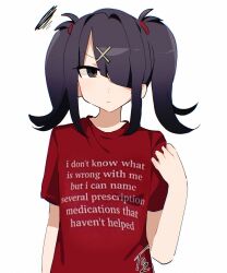  1girl absurdres ame-chan_(needy_girl_overdose) black_hair closed_mouth clothes_writing commentary english_text expressionless hair_ornament hair_over_one_eye hand_up hashtag-only_commentary highres looking_at_viewer medium_hair needy_girl_overdose oz_sumire print_shirt red_shirt scribble shirt short_sleeves sidelocks simple_background solo straight-on t-shirt twintails upper_body white_background x_hair_ornament 