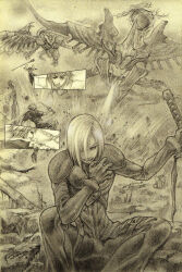  1girl 2boys bahamut_(final_fantasy) bahamut_shin battle breath_weapon chest_strap cut-in dagger dominic_ian_cabatit final_fantasy final_fantasy_vii final_fantasy_vii_advent_children final_fantasy_x final_fantasy_xiv greyscale grin hair_over_one_eye hand_up highres holding holding_dagger holding_knife holding_sword holding_weapon horns in-franchise_crossover kadaj katana knife long_coat long_sleeves mage_staff male_focus monochrome multiple_boys nick-ian short_hair shoulder_pads sitting smile solo_focus sword thancred_waters v-shaped_eyebrows weapon wings yuna_(ff10) 