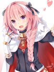  1boy artist_name blush braid cape fang fate/apocrypha fate_(series) fur-trimmed_cape fur_trim hair_ribbon heart highres long_hair open_mouth pink_hair ribbon rider_of_black self_shot simple_background sin-poi single_braid smile solo trap upper_body v violet_eyes white_background 