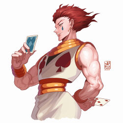  1boy card highres hisoka_morow holding holding_card hunter_x_hunter male_focus parted_lips playing_card red_hair simple_background sleeveless solo teardrop_facial_mark tildeed white_background yellow_eyes 