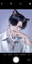  1boy ace_(playing_card) animal_ears black_eyes black_hair card cat_ears closed_mouth earrings eyeshadow fake_phone_screenshot fake_screenshot grey_background hair_over_one_eye highres holding holding_card jewelry looking_at_viewer makeup male_focus original playing_card portrait shirt short_hair solo thick_lips toscana20460423 white_shirt 