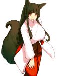  1girl breasts brown_hair fox_girl fox_tail highres huge_breasts japanese_clothes long_hair looking_at_viewer miko mogu_(kanikama_mgmg) original red_eyes simple_background smile solo tail white_background 