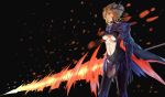  1girl absurdres artoria_pendragon_alter_(fate/grand_order) black_legwear blonde_hair breasts cape cowboy_shot fate/grand_order fate_(series) from_side gauntlets hair_bun highres holding holding_weapon horns lance looking_away medium_breasts midriff navel pauldrons polearm qifenling_liumiao rhongomyniad saber saber_alter short_hair sidelocks solo stomach thigh-highs under_boob weapon yellow_eyes 