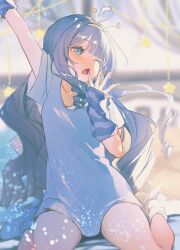  1girl absurdres ahoge alternate_costume ankle_socks arm_up arm_warmers bare_legs blue_eyes blue_hair blue_nails blue_shirt commission drill_hair drill_sidelocks full_body getting_up harua_sorausagi headband highres jelly_hoshiumi light_particles long_hair oversized_clothes oversized_shirt phase_connect second-party_source shirt short_sleeves sidelocks sitting skeb_commission sleepwear socks star_(symbol) star_in_eye stretching striped_arm_warmers symbol_in_eye teardrop thighs under_covers very_long_hair wariza white_socks yawning yellow_headband 