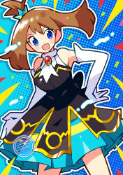  1girl :d anidler91 bare_shoulders black_dress blue_background blue_eyes brown_hair cowboy_shot dress elbow_gloves gloves hand_on_own_hip highres looking_at_viewer may_(champion)_(pokemon) may_(pokemon) official_alternate_costume open_mouth pokemon pokemon_masters_ex short_hair smile solo white_gloves 