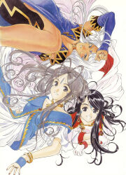  3girls aa_megami-sama absurdres anklet antenna_hair belldandy black_hair blue_dress bracelet brown_eyes brown_hair dark-skinned_female dark_skin dress facial_mark forehead_mark fujishima_kousuke highres jewelry long_hair multiple_girls non-web_source official_art purple_dress ring scan siblings sisters skuld_(aa_megami-sama) smile urd_(aa_megami-sama) white_background white_hair 