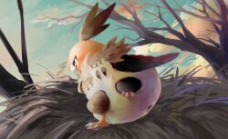  animal_focus bird bird_nest closed_mouth clouds from_side grdg highres no_humans pokemon pokemon_(creature) pokemon_focus skull sky solo tree vullaby 