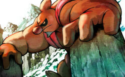  big_nose closed_mouth commentary conkeldurr crack english_commentary holding mountain muscular no_humans pokemon pokemon_(creature) pokemon_focus radonkalmor red_nose signature sky snow solo 