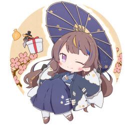  1girl anya_melfissa anya_melfissa_(new_year) autumn_leaves birthday black_gloves blonde_hair blue_hair blue_hakama blue_kimono blush box brown_hair cherry_blossoms chibi closed_mouth commentary_request dagger fishnet_gloves fishnets floral_print floral_print_kimono flower full_body gloves grey_haori hakama hakama_skirt hands_up haori highres holding holding_umbrella hololive hololive_indonesia japanese_clothes kimono knees_up knife kris_(weapon) lazurite leaf long_hair looking_at_viewer multicolored_hair official_alternate_costume official_alternate_hairstyle oil-paper_umbrella one_eye_closed pantyhose pink_flower print_kimono purple_umbrella red_ribbon ribbon shoes sidelocks skirt smile solo split_mouth straight_hair streaked_hair three_quarter_view umbrella violet_eyes virtual_youtuber weapon white_pantyhose 