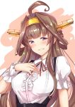  1girl ahoge alternate_costume blouse blush breasts brown_hair center_frills dirndl double_bun dress german_clothes hairband headgear high-waist_skirt highres kantai_collection kongou_(kantai_collection) large_breasts long_hair looking_at_viewer open_mouth remodel_(kantai_collection) ribbon shirt simple_background skirt smile solo underbust untsue violet_eyes white_blouse 