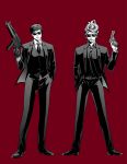  2boys 8-foot_joe apple_poison belt cigarette disney disneyland formal full_body gloves grin gun hand_in_pocket holding holding_gun holding_weapon jinglus4122 male_focus multiple_boys necktie recruiters_(disney) red_background smile suit sunglasses weapon 