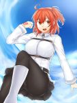  1girl :d ahoge black_legwear black_skirt boots breasts brown_eyes cold_(hoshinoskull) command_spell day fate/grand_order fate_(series) fujimaru_ritsuka_(female) highres large_breasts long_sleeves looking_at_viewer open_mouth orange_hair panties panties_under_pantyhose pantyhose shirt short_hair side_ponytail skirt smile solo underwear white_boots white_shirt 