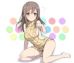 1girl aran_sweater backless_outfit bangs bare_shoulders blush breasts brown_hair closed_mouth commentary_request dress eyebrows_visible_through_hair flying_sweatdrops full_body hair_between_eyes halterneck heart kunikida_hanamaru large_breasts long_hair looking_down love_live! love_live!_sunshine!! naked_sweater open-back_dress polka_dot polka_dot_background ribbed_sweater shadow simple_background sitting solo sweater sweater_dress tonee turtleneck turtleneck_sweater virgin_killer_sweater white_background yellow_eyes yokozuwari