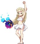  1girl arm_behind_head arm_up armpits bikini blonde_hair cosmog green_eyes lillie_(pokemon) long_hair lowres midriff one_eye_closed pixel_art pokemon pokemon_(anime) pokemon_(creature) pokemon_(game) pokemon_sm pokemon_sm_(anime) sandals shirokuro_(oyaji) simple_background swimsuit white_background white_bikini white_swimsuit 