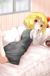  1girl :/ araki_(qbthgry) ass barefoot blonde_hair blush chocolate cookie eating food hair_ribbon looking_at_viewer lying on_bed on_stomach pencil_skirt red_eyes ribbon rumia short_hair skirt skirt_set solo touhou vest 