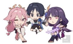  1boy 2girls animal_ears artist_name belt black_belt black_bodysuit black_bow black_bridal_gauntlets black_eyes black_hair black_leggings black_panties black_sandals black_shorts black_socks blue_cape blue_gemstone blue_kimono blue_sleeves blunt_bangs blunt_ends bodysuit bow bridal_gauntlets bright_pupils cape chibi detached_sleeves double-parted_bangs earrings electro_symbol_(genshin_impact) eyelashes eyeliner eyeshadow fan_hair_ornament feathers flower fox_ears fox_shadow_puppet full_body furisode furrowed_brow gem genshin_impact glowing glowing_weapon gold gradient_hair hair_between_eyes hair_flower hair_ornament hair_tie hakama hakama_shorts han'eri holding holding_sword holding_weapon japanese_clothes jewelry katana kimono kimono_skirt layered_kimono layered_sleeves leg_warmers leggings light_blush long_hair looking_at_viewer low-braided_long_hair low-tied_long_hair makeup mitsudomoe_(shape) mole mole_under_eye mother_and_son multicolored_hair multiple_girls musou_isshin_(genshin_impact) nonons one_eye_closed open_clothes open_kimono open_mouth outstretched_arms panties parted_bangs pelvic_curtain pink_eyes pink_hair pleated_shorts pom_pom_(clothes) purple_electricity purple_flower purple_gemstone purple_hair purple_kimono purple_rope purple_sash raiden_shogun red_eyeliner red_eyeshadow ribbon-trimmed_sleeves ribbon_trim rope sandals sash scaramouche_(genshin_impact) short_sleeves shorts shoulder_peek sidelocks single_sidelock single_sode socks sword tomoe_(symbol) tsurime underwear violet_eyes vision_(genshin_impact) wanderer_(genshin_impact) watermark weapon white_background white_kimono white_leg_warmers white_pupils white_sleeves white_trim wide_sleeves yae_miko yellow_feathers zouri 