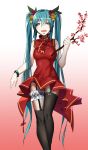  1girl :d absurdres asymmetrical_legwear bangs bare_shoulders black_legwear blue_eyes blue_hair bracelet branch breasts cherry_blossoms china_dress chinese_clothes dress flower garter_straps hair_flower hair_ornament hair_ribbon hatsune_miku highres jewelry looking_at_viewer medium_breasts open_mouth qifenling_liumiao red_dress ribbon sidelocks sleeveless sleeveless_dress smile solo thigh-highs thigh_strap twintails vocaloid 