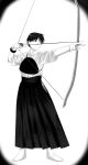  1boy absurdres archery arrow black_hair bow_(weapon) erable full_body fullmetal_alchemist gloves greyscale highres japanese_clothes kyuudou monochrome muneate no_shoes partly_fingerless_gloves roy_mustang short_hair simple_background solo tabi vignetting weapon white_background yugake 
