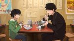  2boys age_switch black_hair bowl_cut chopsticks cup daijyuu drinking_glass eating food formal hood hoodie kageyama_shigeo looking_down male_focus mayonnaise mob_psycho_100 mogami_keiji multiple_boys napkin napkin_holder noodles older open_mouth poster_(object) ramen restaurant ribbed_sweater smile steam stool suit sweater table younger 