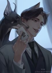  1boy ace_(playing_card) animal_ears artist_name black_hair black_necktie black_vest blurry blurry_background card commentary dobermann dog dog_ears english_commentary eyeshadow grey_eyes grey_jacket hand_up highres holding holding_card jacket looking_to_the_side makeup male_focus necktie original parted_lips playing_card shirt short_hair smile solo teeth toscana20460423 twitter_username upper_teeth_only vest white_shirt window 