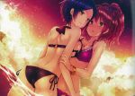  2girls :o arm arm_grab ass back bangle bare_arms bare_back bare_legs bare_shoulders bikini black_bikini black_swimsuit blue_hair blush bracelet breast_press breasts brown_eyes brown_hair butt_crack cleavage clouds collarbone cowboy_shot dutch_angle earrings female groin hair_ornament hair_scrunchie hayami_kanade highres hug idolmaster idolmaster_cinderella_girls ima_(lm_ew) jewelry jougasaki_mika legs looking_at_another looking_at_viewer looking_back medium_breasts multiple_girls navel neck necklace o-ring_bikini o-ring_top open_mouth outdoors purple_bikini purple_scrunchie purple_swimsuit redhead scrunchie shiny shiny_hair short_hair side-tie_bikini sideboob sky smile standing sunset swimsuit symmetrical_docking under_boob underwear wading water yellow_eyes yuri 