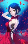  1girl ashita_(2010) backless backless_outfit bangs bare_shoulders black_hair breasts dress hayami_kanade idolmaster idolmaster_cinderella_girls looking_at_viewer open-back_dress parted_bangs petals red_dress rose_petals short_hair sideboob smile solo yellow_eyes 