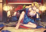  1girl arm_support bare_shoulders barefoot blonde_hair breasts chains chin_rest cleavage collarbone cuffs floral_print full_body highres horn hoshiguma_yuugi indoors japanese_clothes kimono lamp large_breasts long_hair looking_at_viewer obi parted_lips red_eyes sarashi sash sitting solo tatami touhou uu_uu_zan 