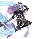  1girl armor black_armor black_boots black_panties boots breasts camilla_(fire_emblem_if) capelet cleavage energy fire_emblem fire_emblem_heroes fire_emblem_if full_body gloves high_heel_boots high_heels highres holding holding_axe holding_weapon large_breasts leather lips loincloth long_hair looking_at_viewer maeshima_shigeki official_art open_mouth panties parted_lips purple_gloves purple_hair shiny shiny_clothes shiny_hair shiny_skin smug solo teeth thigh-highs thigh_boots thighs tiara transparent_background underwear vambraces very_long_hair violet_eyes wavy_hair weapon 