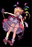  1girl ascot bare_legs black_background blonde_hair bloomers bobby_socks flandre_scarlet full_body laevatein looking_at_viewer misoni_comi outstretched_arm petticoat puffy_short_sleeves puffy_sleeves red_eyes red_shoes red_skirt red_vest shoes short_sleeves side_ponytail simple_background skirt skirt_set smile socks solo touhou underwear upskirt vest white_legwear wings 