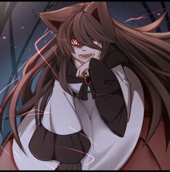  1girl animal_ears bangs brooch brown_hair dress fangs fur glowing glowing_eyes imaizumi_kagerou jewelry long_hair long_sleeves looking_at_viewer open_mouth red_eyes solo tamahana tears touhou transformation very_long_hair werewolf wide_sleeves wolf_ears 