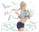  1girl ass bangs bird blonde_hair bouquet closed_mouth crop_top cropped_jacket denim denim_shorts eyebrows_visible_through_hair feathers flower from_side green_eyes gundam gundam_tekketsu_no_orphans hips holding holding_bouquet iincho_(airi8751) lafter_frankland long_hair looking_at_viewer midriff nail_polish petals pink_nails short_shorts shorts smile solo thighs twintails waving 