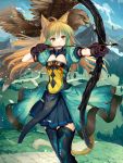  1girl abusoru ahoge animal_ears archer_of_red arrow bird blonde_hair bow_(weapon) cat_ears eagle fate/apocrypha fate/grand_order fate_(series) feathers gradient_hair green_eyes green_hair highres long_hair mountain multicolored_hair solo tail thigh-highs two-tone_hair weapon zettai_ryouiki 