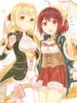  +++ 2girls :d absurdres ahoge atelier_(series) atelier_sophie blonde_hair blush book bookmark breasts brown_eyes brown_hair clenched_hand closed_mouth coat corset cowboy_shot eyebrows_visible_through_hair female frilled_skirt frills glasses glint gloves green_coat head_tilt heart highres holster leg_up long_hair long_sleeves medium_breasts monika_ellmenreich multiple_girls open_book open_clothes open_coat open_mouth pantyhose pouch red_skirt rimless_glasses simple_background skirt smile sophie_neuenmuller sparkle suzushiro_(gripen39) thigh_holster very_long_hair waving white_background white_legwear 